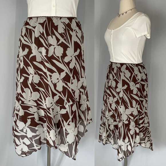 Y2K Midi Skirt Womens Plus Size 1X 1XL Brown White Floral Chiffon Asymmetrical - Picture 1 of 15